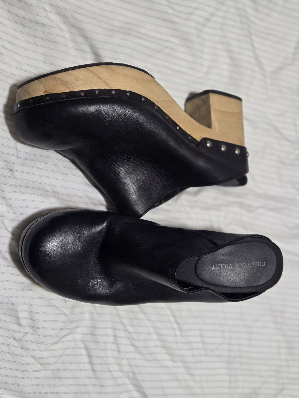 Chelsea & Violet Black Leather Clog Mules with Natural Wood Heel